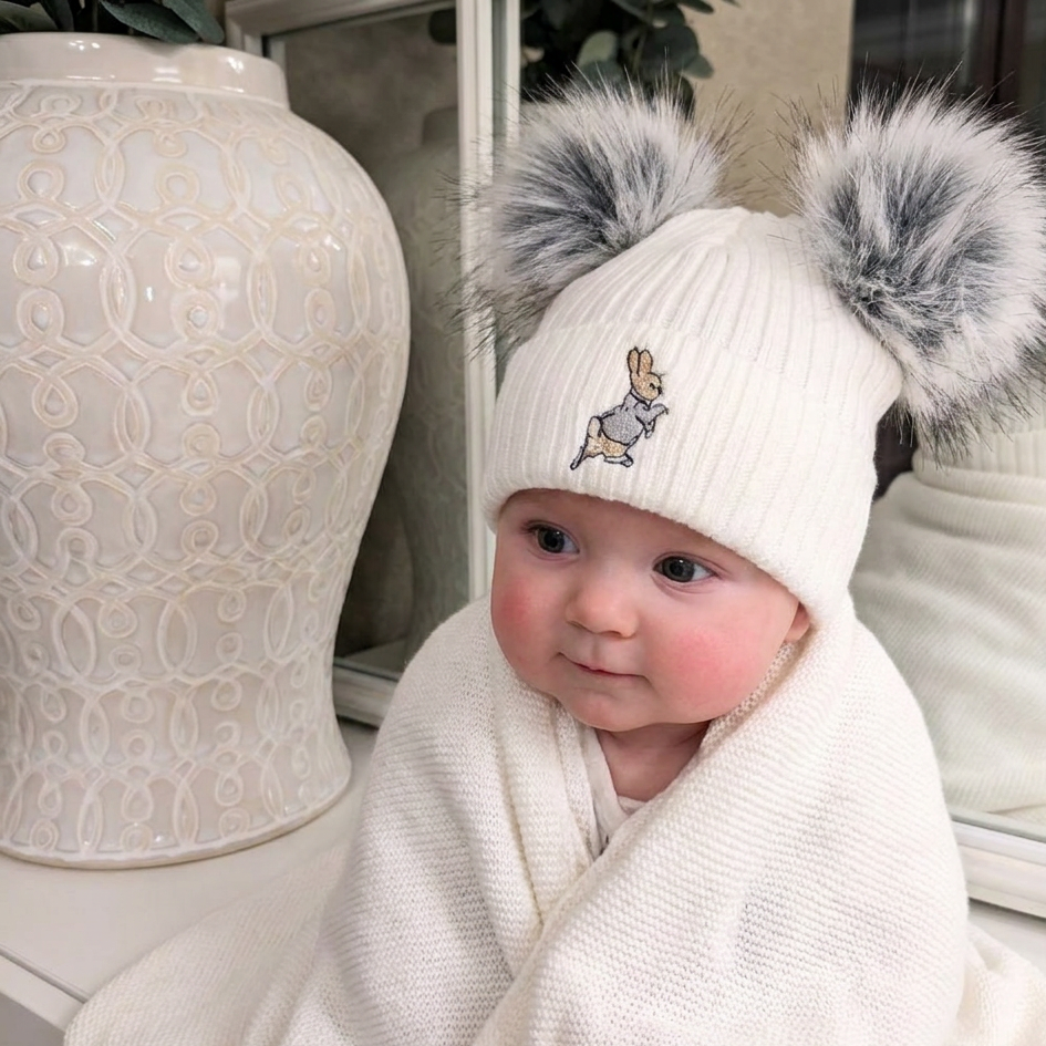 White & Grey Peter Rabbit Double Pom Hat