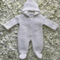 White Cable Knit Hooded Pramsuit - Pom Hood