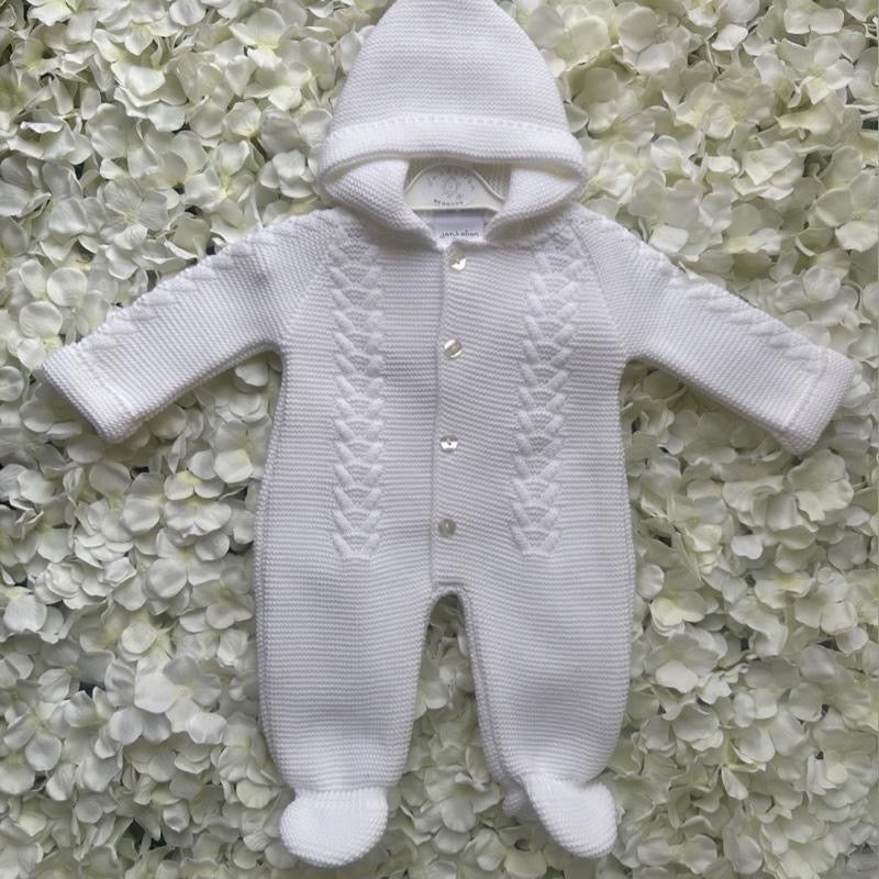 White Cable Knit Hooded Pramsuit - Pom Hood