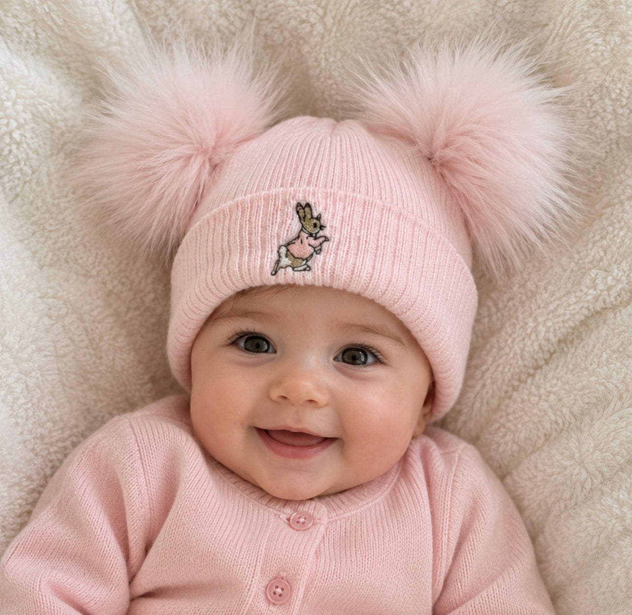 Pink Peter Rabbit Double Pom Hat