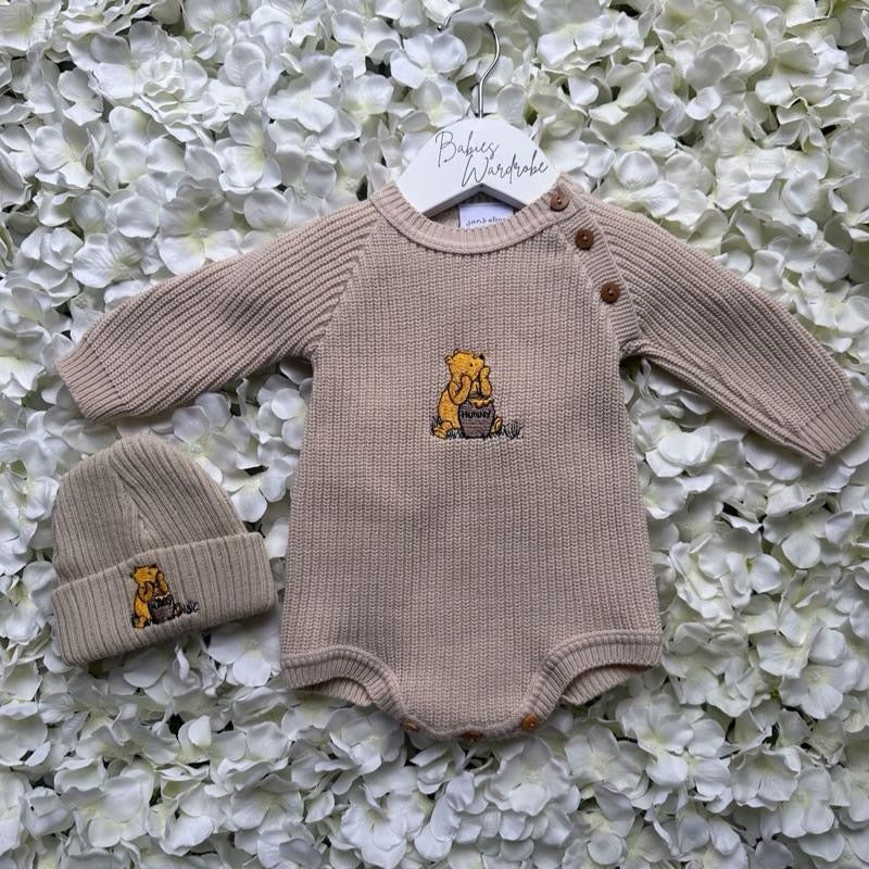 Beige Winnie The Pooh Romper & Matching Hat