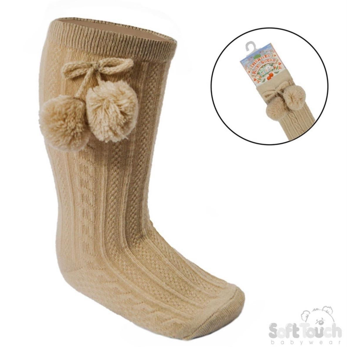 Beige Knee High Pom Socks