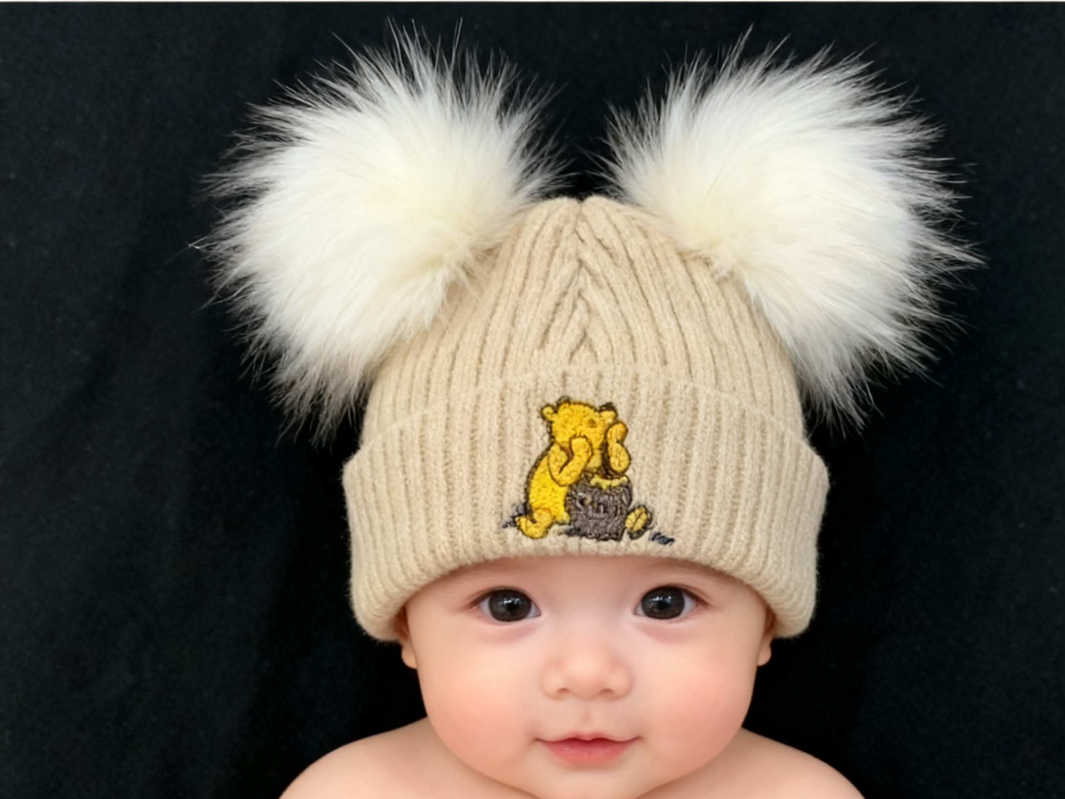 Beige Winnie The Pooh Double Pom Hat