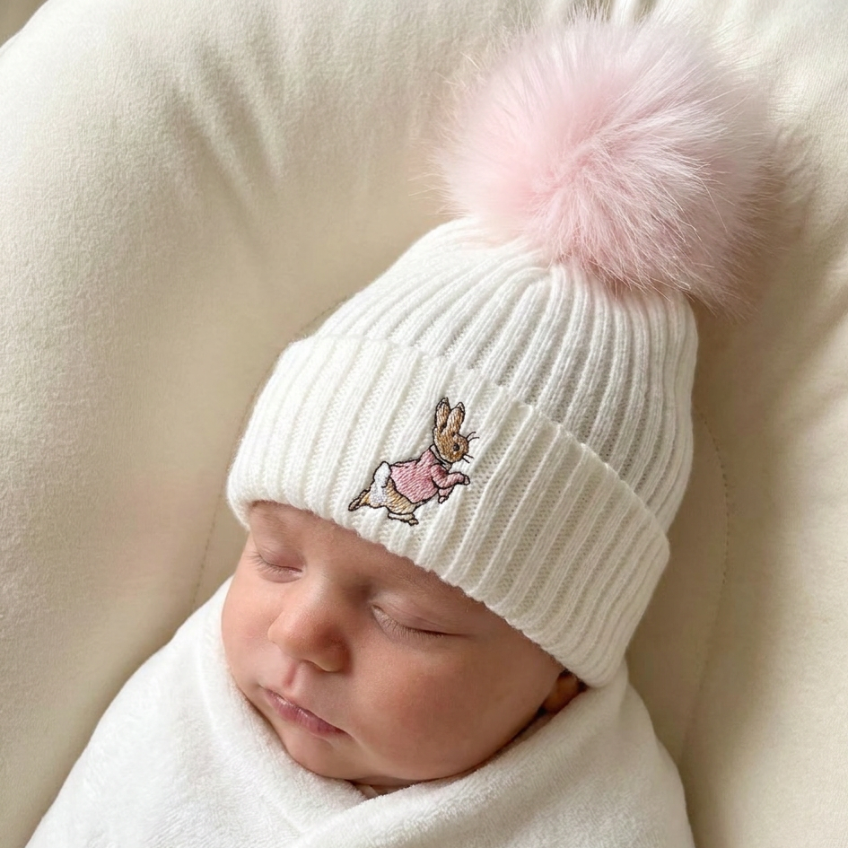 White & Pink Peter Rabbit Single Pom Hat