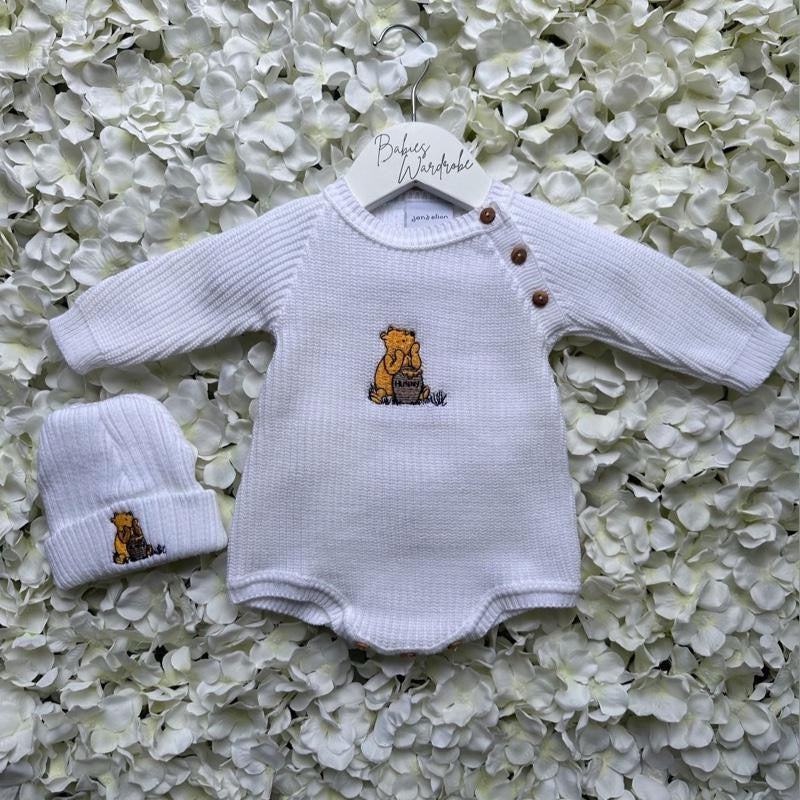 White Winnie The Pooh Romper & Matching Hat