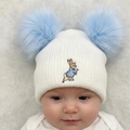 White & Blue Peter Rabbit Double Pom Hat