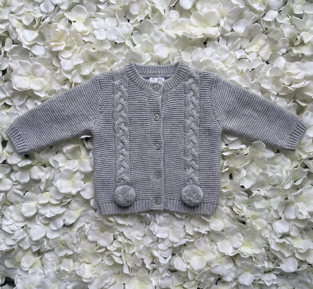 Grey Pom Cable Knit Cardigan