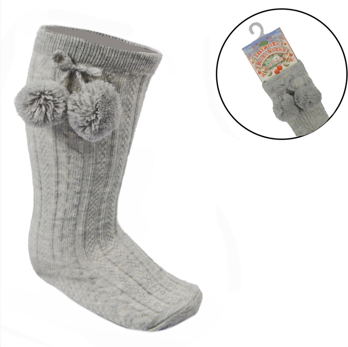 Grey Knee High Pom Socks