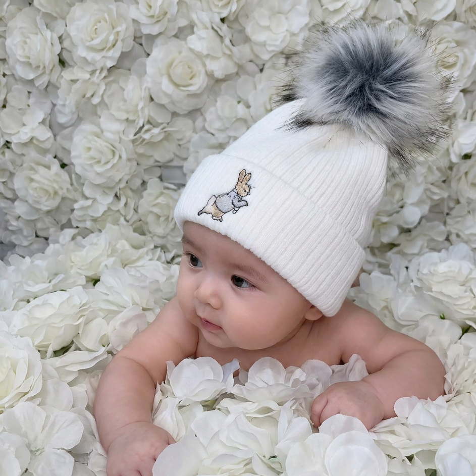 White & Grey Peter Rabbit Single Pom Hat
