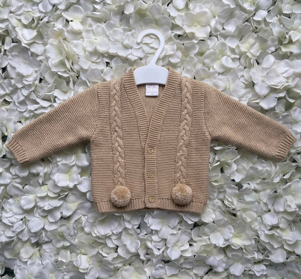Beige Pom Cable Knit Cardigan