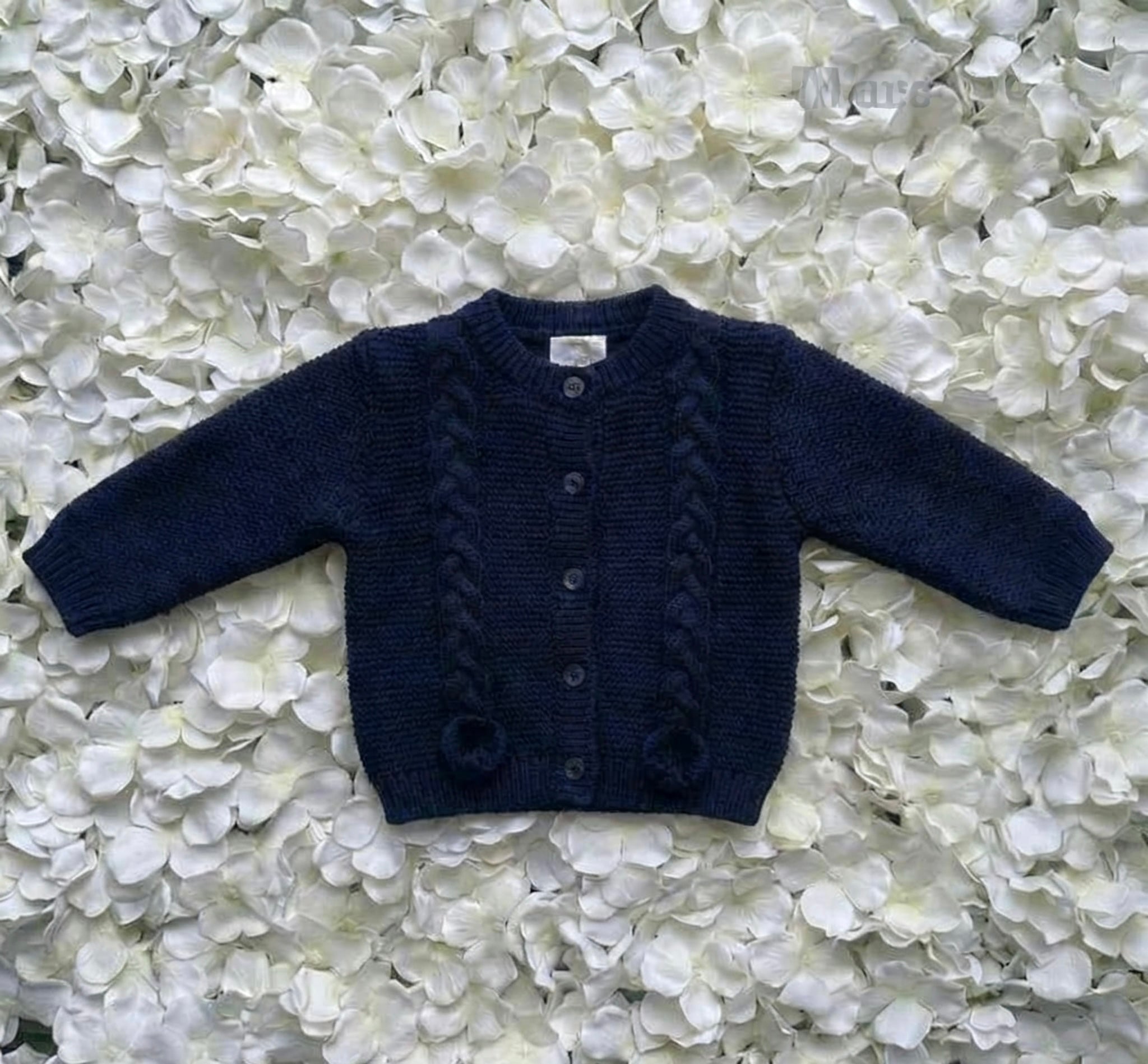 Navy Pom Cable Knit Cardigan