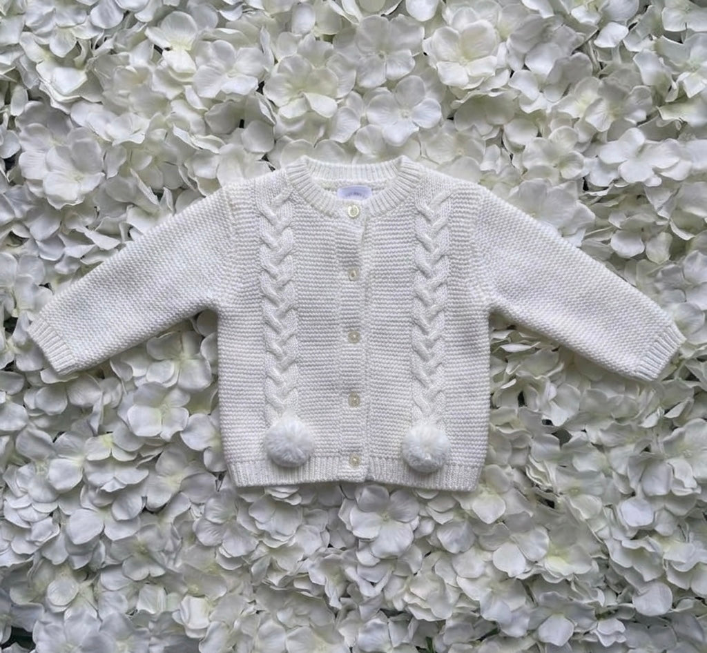White Pom Cable Knit Cardigan