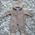 Beige Cable Knit Hooded Pramsuit - Pom Hood