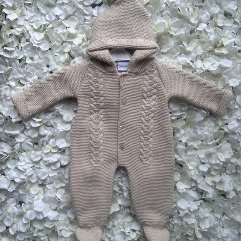 Beige Cable Knit Hooded Pramsuit - Pom Hood