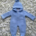 Blue Cable Knit Hooded Pramsuit - Pom Hood