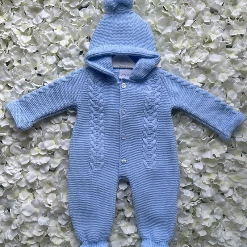 Blue Cable Knit Hooded Pramsuit - Pom Hood