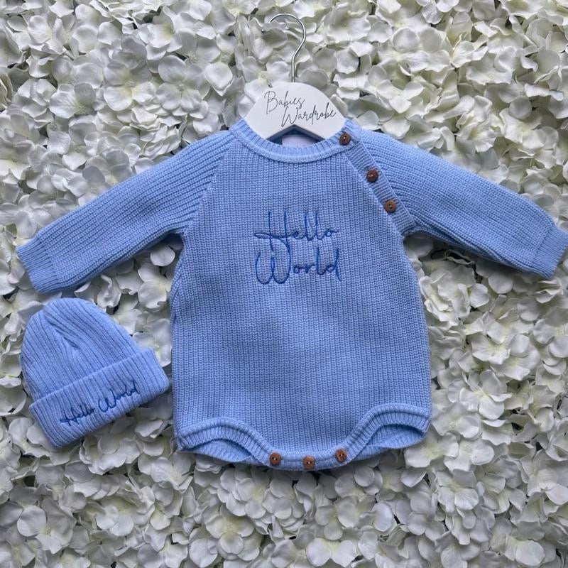 Blue Hello World Romper & Matching Hat